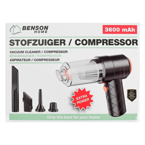 ✨ Benson 2-in-1 Mini Stofzuiger & Compressor – 3600 mAh (Blazen + Zuigen)