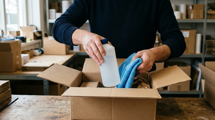 Bestelling inpakken Iemand pakt een bestelling in met een fles poetsmiddel en een microvezeldoek