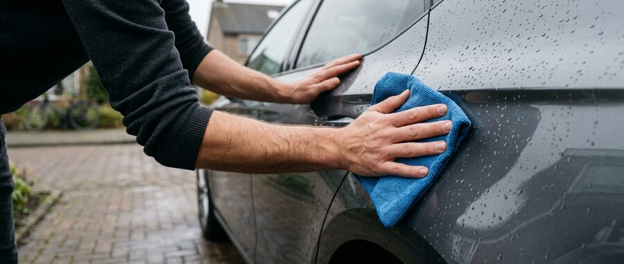 Klantenservice – auto poetsen met microvezeldoek Iemand droogt en poetst de zijkant van een auto met een blauwe microvezeldoek