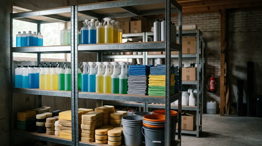 Magazijnschap met poetsproducten Schap met flessen poetsmiddel, microvezeldoeken en sponzen